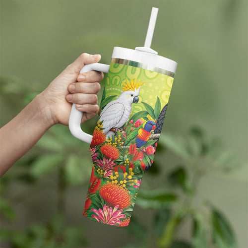 Australian Native Birds Tumbler With Handle Art Dot Painting Pattern