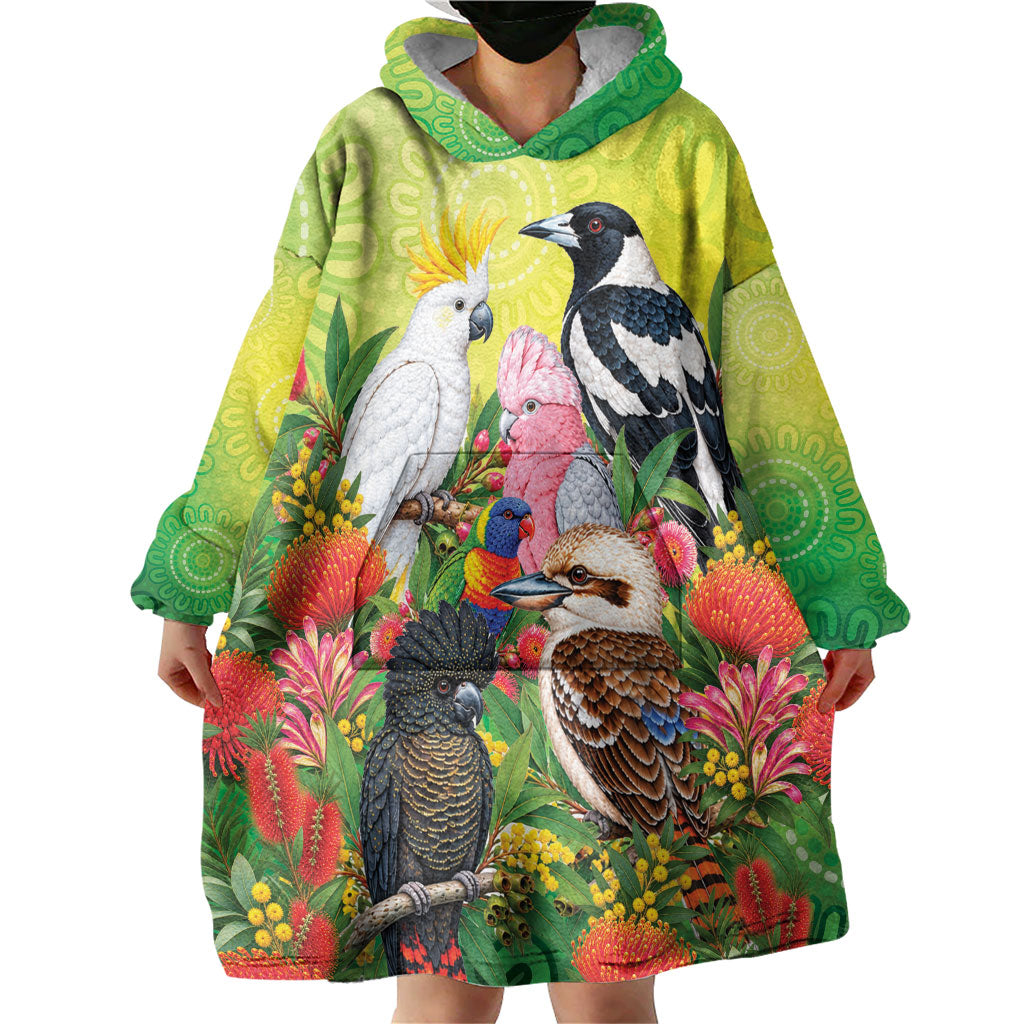 Australian Native Birds Wearable Blanket Hoodie Art Dot Painting Pattern