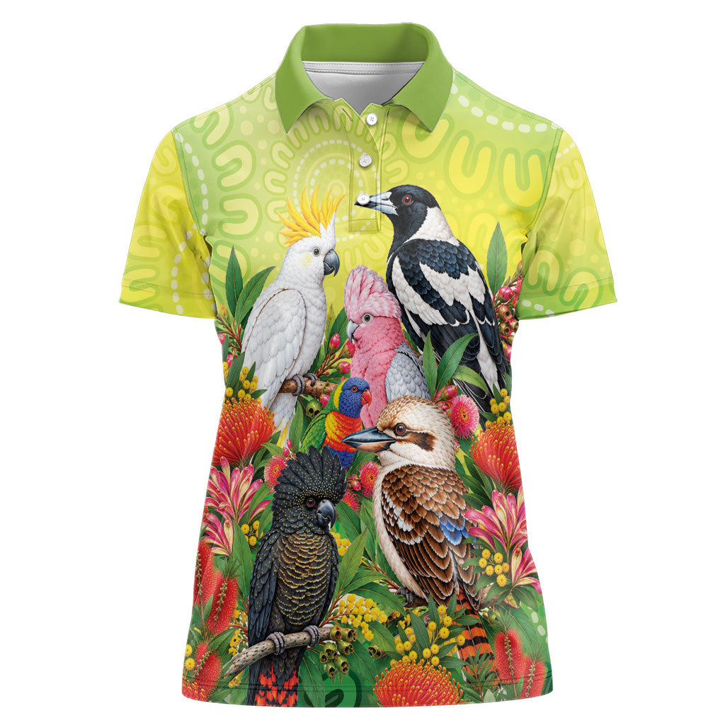 Australian Native Birds Women Polo Shirt Art Dot Painting Pattern