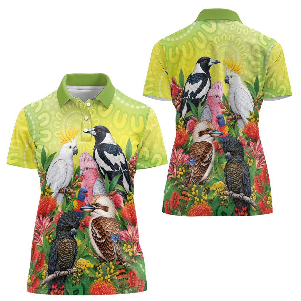 Australian Native Birds Women Polo Shirt Art Dot Painting Pattern