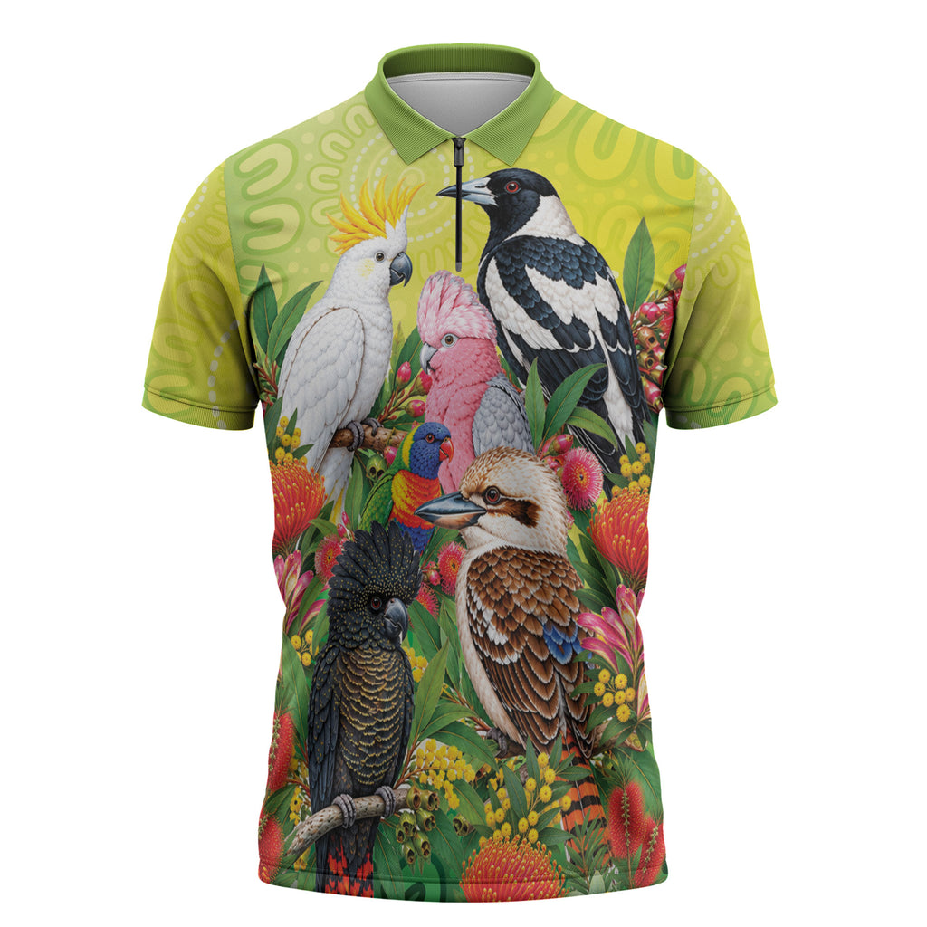 Australian Native Birds Zipper Polo Shirt Art Dot Painting Pattern