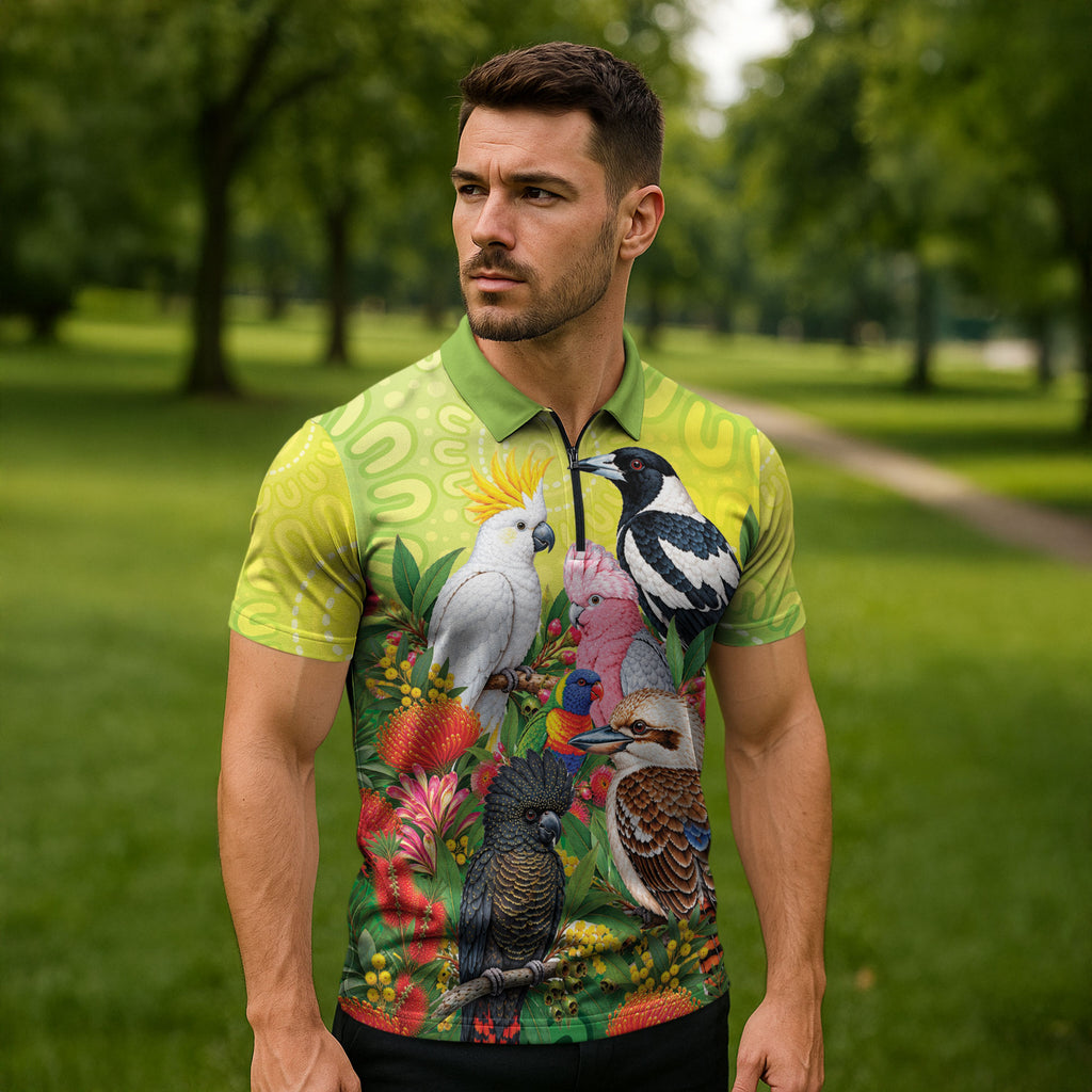 Australian Native Birds Zipper Polo Shirt Art Dot Painting Pattern