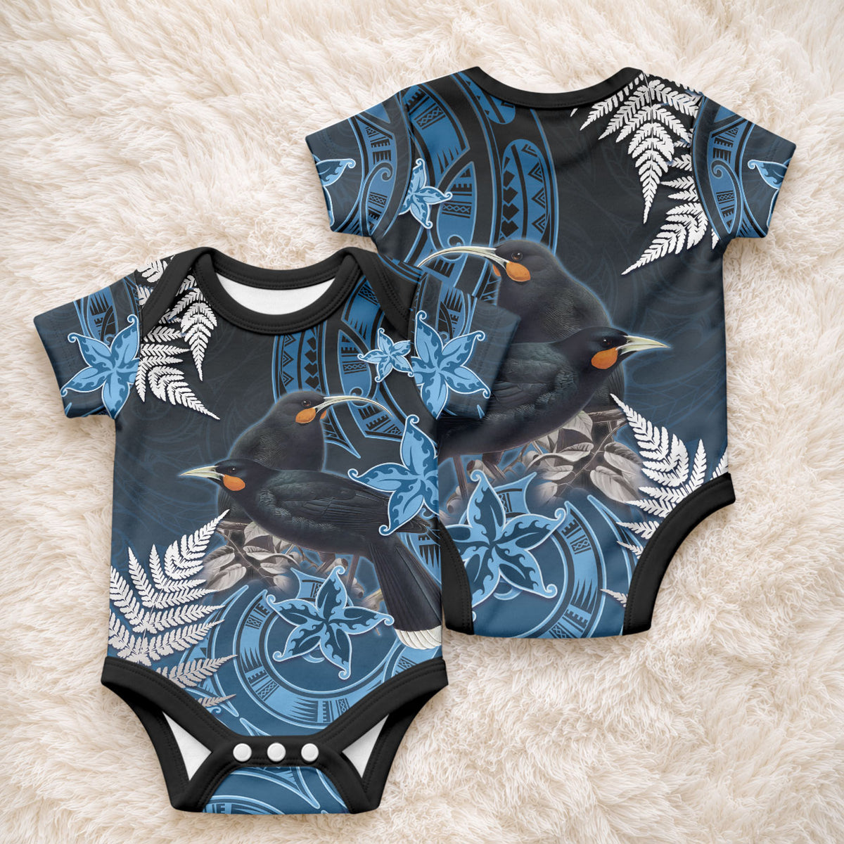 New Zealand Huia Bird Baby Onesie Aotearoa Maori Pattern