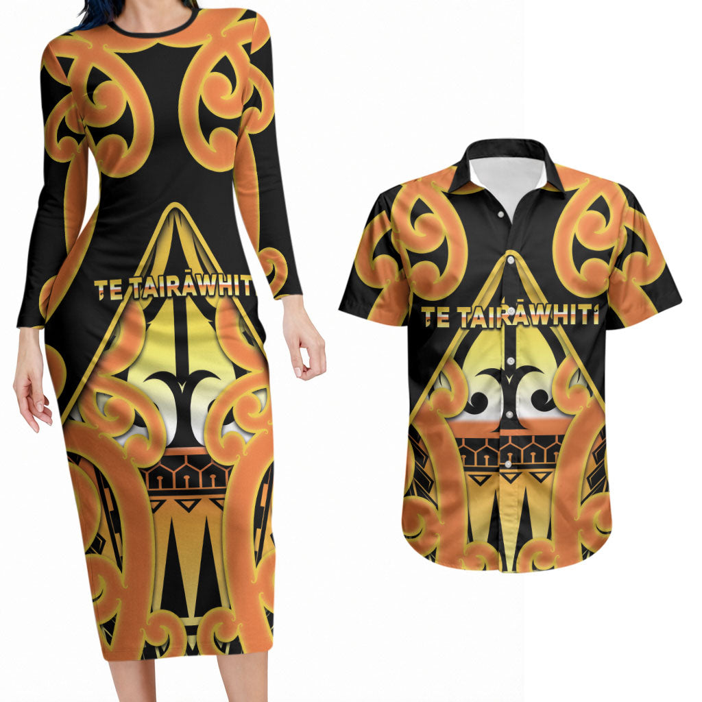 Personalised New Zealand Te Tairawhiti Couples Matching Long Sleeve Bodycon Dress and Hawaiian Shirt Maori Koru Pattern
