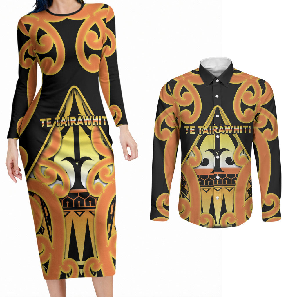 Personalised New Zealand Te Tairawhiti Couples Matching Long Sleeve Bodycon Dress and Long Sleeve Button Shirt Maori Koru Pattern