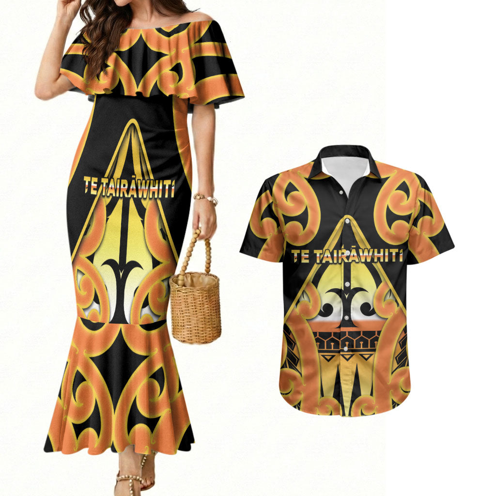 Personalised New Zealand Te Tairawhiti Couples Matching Mermaid Dress and Hawaiian Shirt Maori Koru Pattern