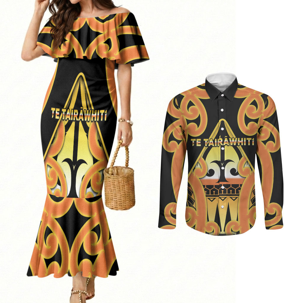 Personalised New Zealand Te Tairawhiti Couples Matching Mermaid Dress and Long Sleeve Button Shirt Maori Koru Pattern