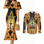 Personalised New Zealand Te Tairawhiti Couples Matching Mermaid Dress and Long Sleeve Button Shirt Maori Koru Pattern