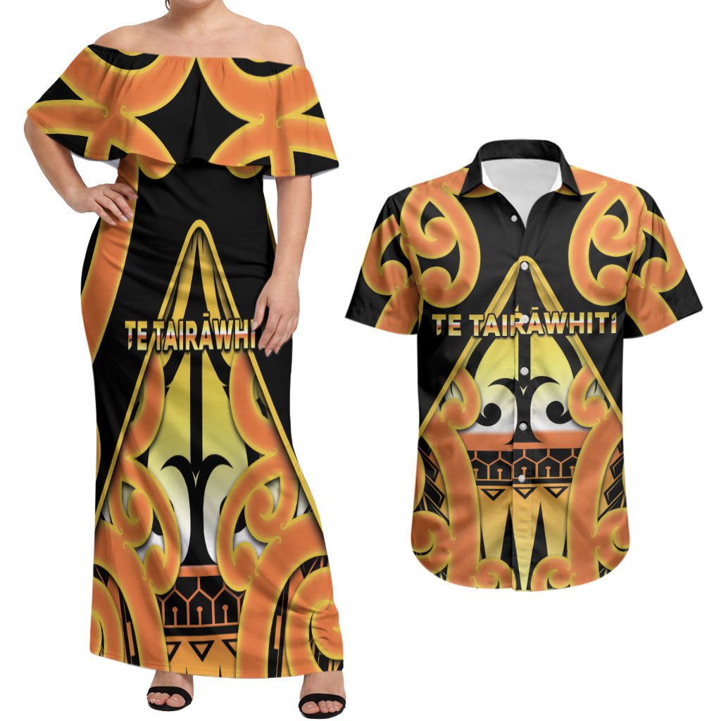 Personalised New Zealand Te Tairawhiti Couples Matching Off Shoulder Maxi Dress and Hawaiian Shirt Maori Koru Pattern