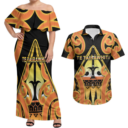 Personalised New Zealand Te Tairawhiti Couples Matching Off Shoulder Maxi Dress and Hawaiian Shirt Maori Koru Pattern