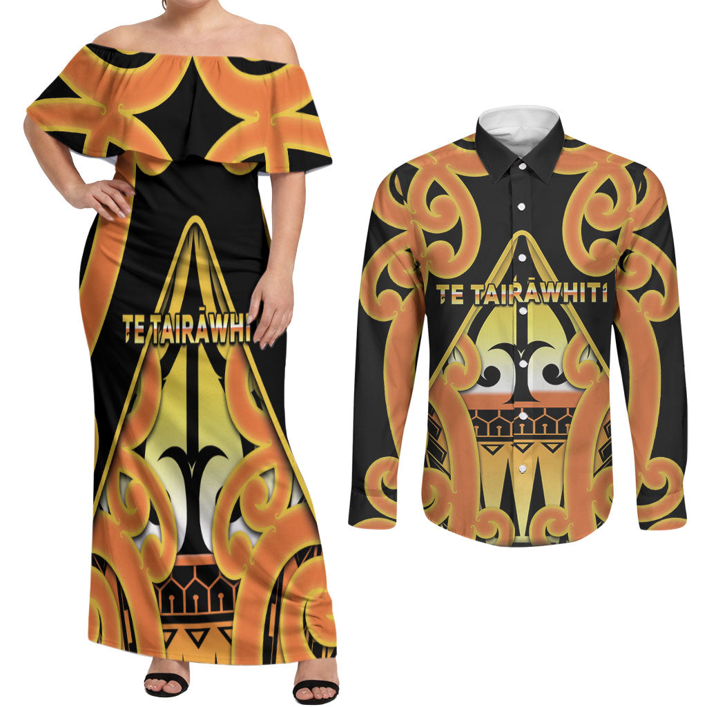 Personalised New Zealand Te Tairawhiti Couples Matching Off Shoulder Maxi Dress and Long Sleeve Button Shirt Maori Koru Pattern