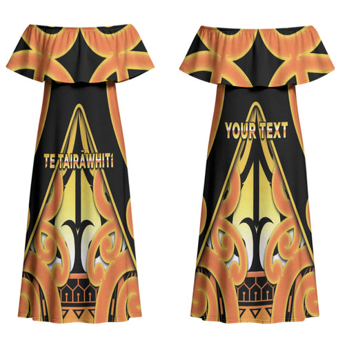 Personalised New Zealand Te Tairawhiti Couples Matching Off Shoulder Maxi Dress and Long Sleeve Button Shirt Maori Koru Pattern