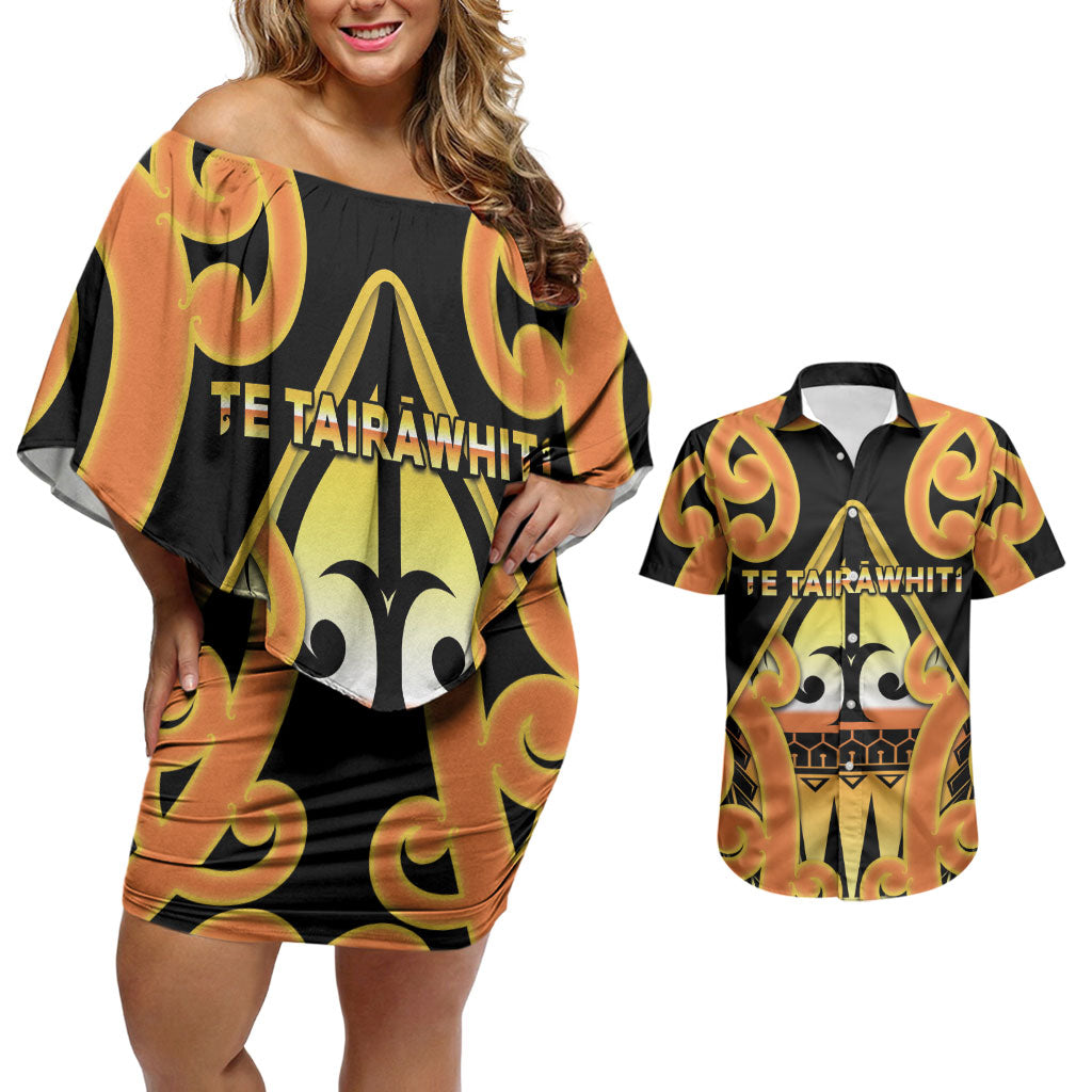 Personalised New Zealand Te Tairawhiti Couples Matching Off Shoulder Short Dress and Hawaiian Shirt Maori Koru Pattern