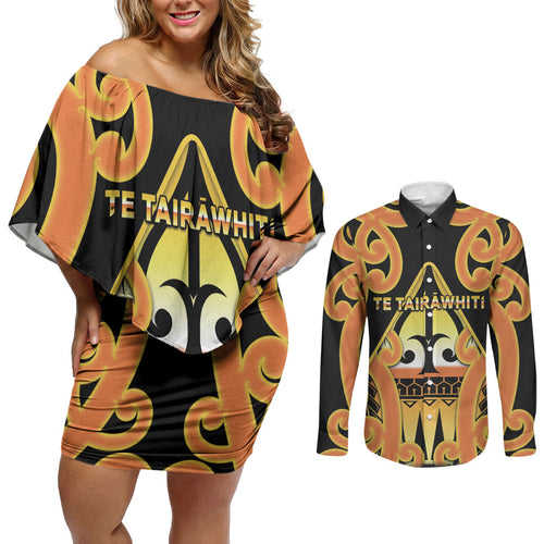 Personalised New Zealand Te Tairawhiti Couples Matching Off Shoulder Short Dress and Long Sleeve Button Shirt Maori Koru Pattern
