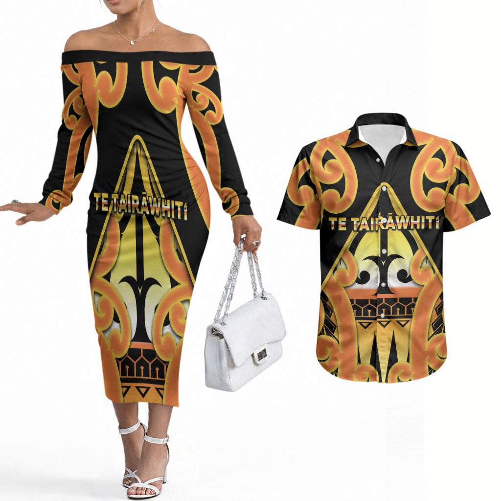 Personalised New Zealand Te Tairawhiti Couples Matching Off The Shoulder Long Sleeve Dress and Hawaiian Shirt Maori Koru Pattern