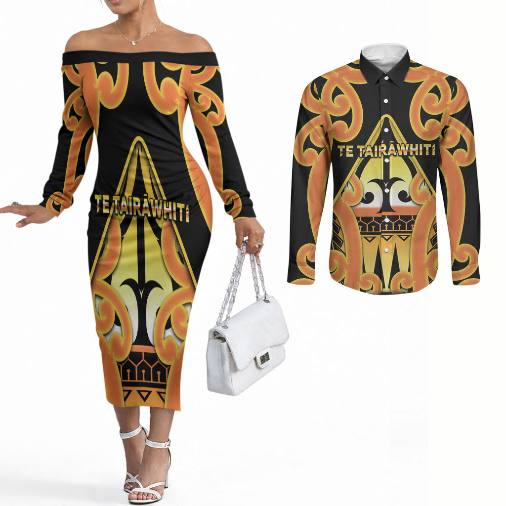 Personalised New Zealand Te Tairawhiti Couples Matching Off The Shoulder Long Sleeve Dress and Long Sleeve Button Shirt Maori Koru Pattern