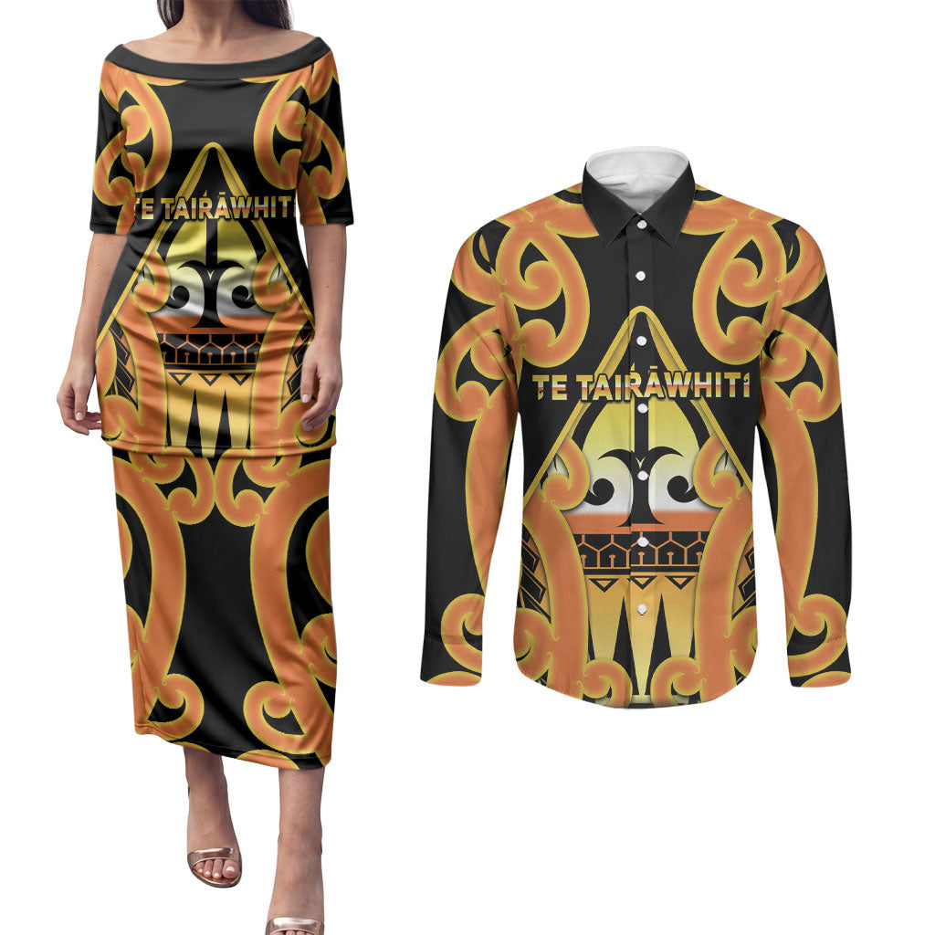 Personalised New Zealand Te Tairawhiti Couples Matching Puletasi and Long Sleeve Button Shirt Maori Koru Pattern