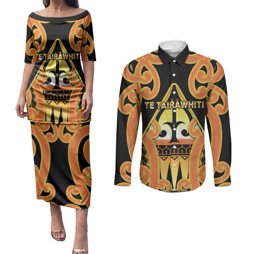 Personalised New Zealand Te Tairawhiti Couples Matching Puletasi and Long Sleeve Button Shirt Maori Koru Pattern
