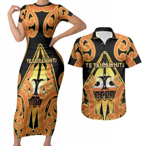 Personalised New Zealand Te Tairawhiti Couples Matching Short Sleeve Bodycon Dress and Hawaiian Shirt Maori Koru Pattern