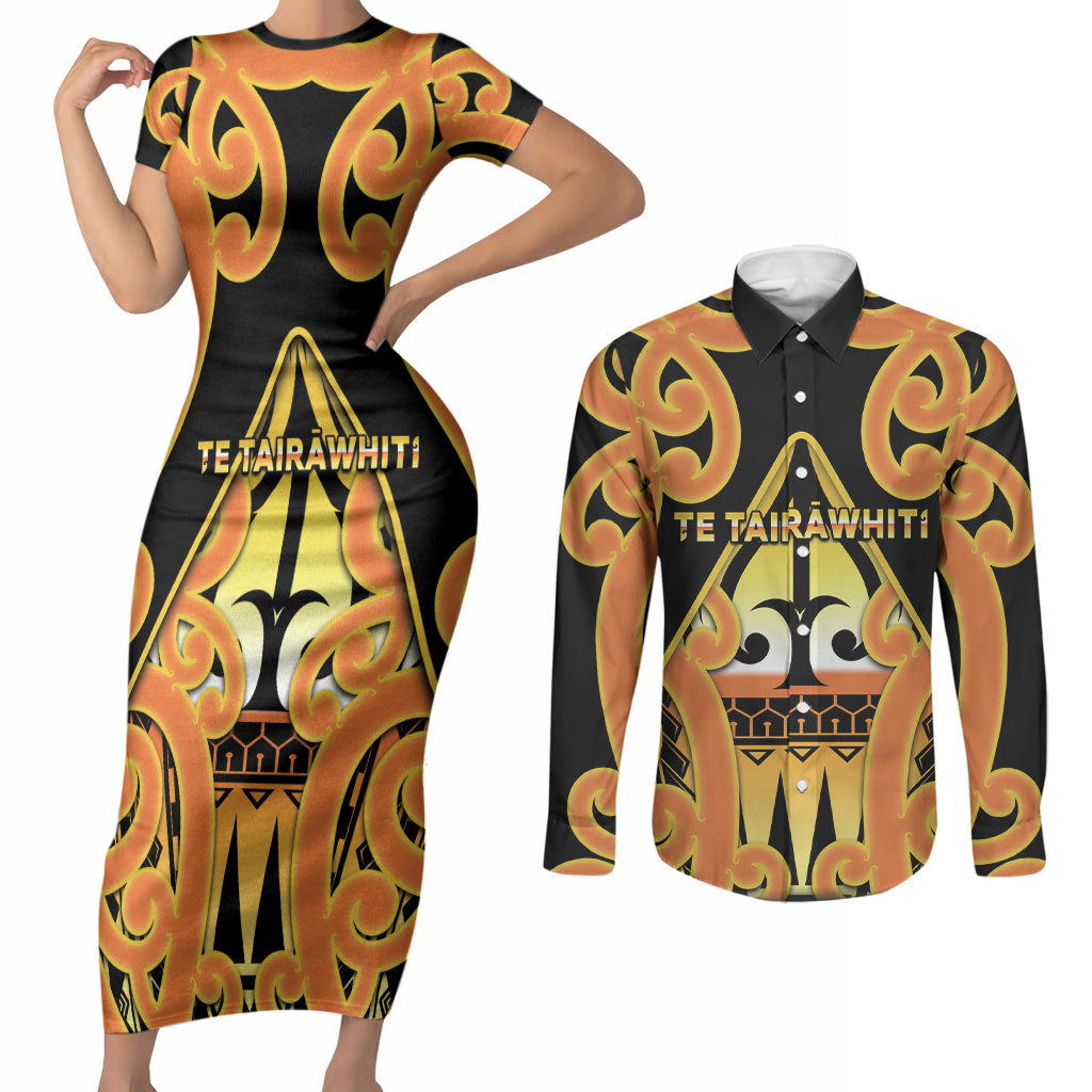 Personalised New Zealand Te Tairawhiti Couples Matching Short Sleeve Bodycon Dress and Long Sleeve Button Shirt Maori Koru Pattern