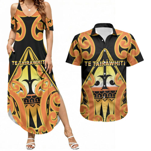 Personalised New Zealand Te Tairawhiti Couples Matching Summer Maxi Dress and Hawaiian Shirt Maori Koru Pattern