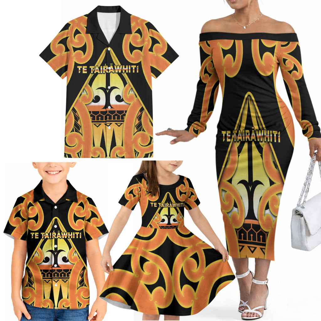 Personalised New Zealand Te Tairawhiti Family Matching Off The Shoulder Long Sleeve Dress and Hawaiian Shirt Maori Koru Pattern
