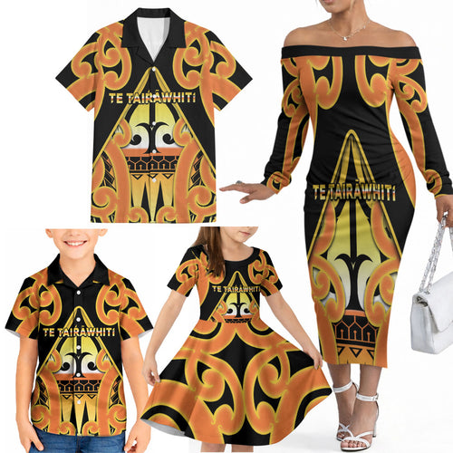 Personalised New Zealand Te Tairawhiti Family Matching Off The Shoulder Long Sleeve Dress and Hawaiian Shirt Maori Koru Pattern