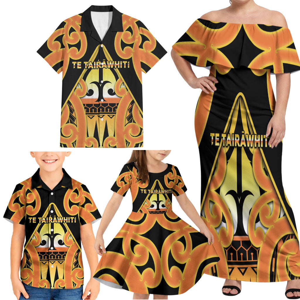Personalised New Zealand Te Tairawhiti Family Matching Off Shoulder Maxi Dress and Hawaiian Shirt Maori Koru Pattern