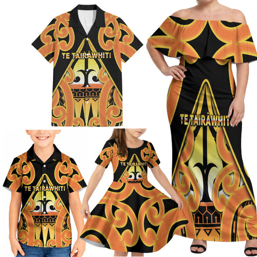 Personalised New Zealand Te Tairawhiti Family Matching Off Shoulder Maxi Dress and Hawaiian Shirt Maori Koru Pattern