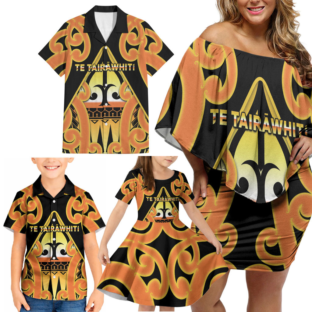 Personalised New Zealand Te Tairawhiti Family Matching Off Shoulder Short Dress and Hawaiian Shirt Maori Koru Pattern