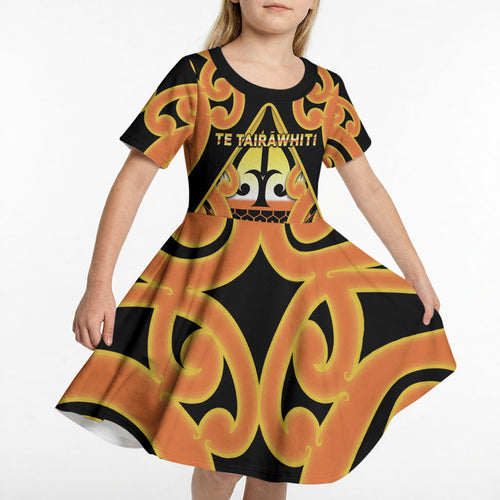 Personalised New Zealand Te Tairawhiti Kid Short Sleeve Dress Maori Koru Pattern