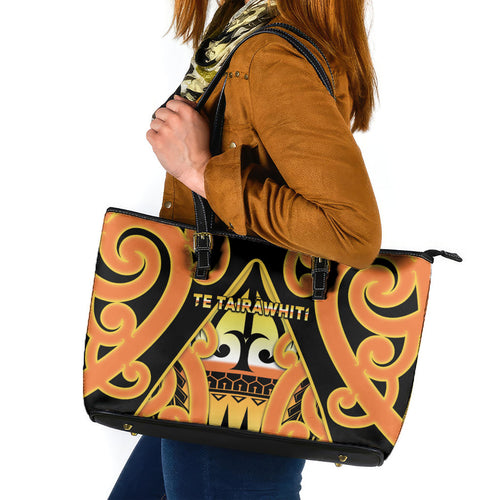 New Zealand Te Tairawhiti Leather Tote Bag Maori Koru Pattern