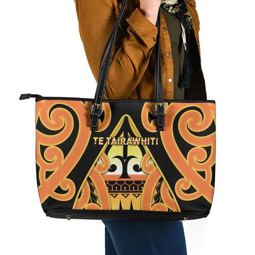 New Zealand Te Tairawhiti Leather Tote Bag Maori Koru Pattern