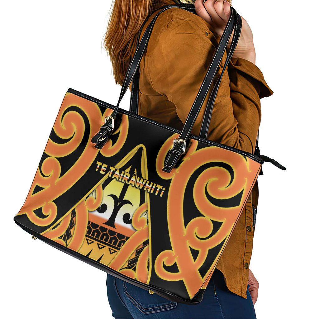 New Zealand Te Tairawhiti Leather Tote Bag Maori Koru Pattern