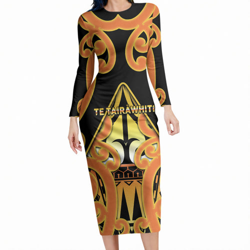 Personalised New Zealand Te Tairawhiti Long Sleeve Bodycon Dress Maori Koru Pattern