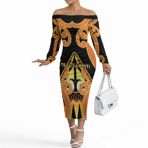 Personalised New Zealand Te Tairawhiti Off The Shoulder Long Sleeve Dress Maori Koru Pattern