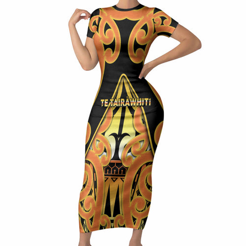 Personalised New Zealand Te Tairawhiti Short Sleeve Bodycon Dress Maori Koru Pattern