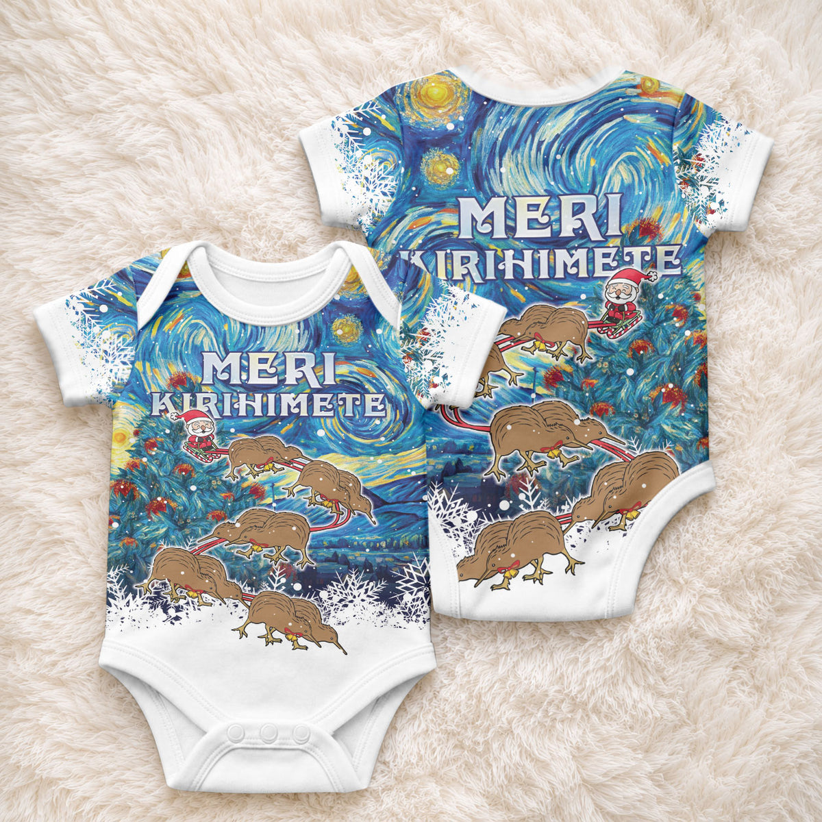 New Zealand Christmas Baby Onesie Kiwis Santa Sleigh Starry Night Style