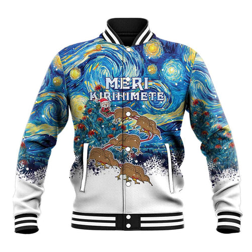 New Zealand Christmas Baseball Jacket Kiwis Santa Sleigh Starry Night Style