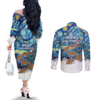 New Zealand Christmas Couples Matching Off The Shoulder Long Sleeve Dress and Long Sleeve Button Shirt Kiwis Santa Sleigh Starry Night Style