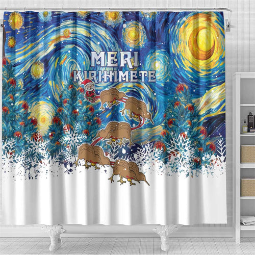 New Zealand Christmas Shower Curtain Kiwis Santa Sleigh Starry Night Style