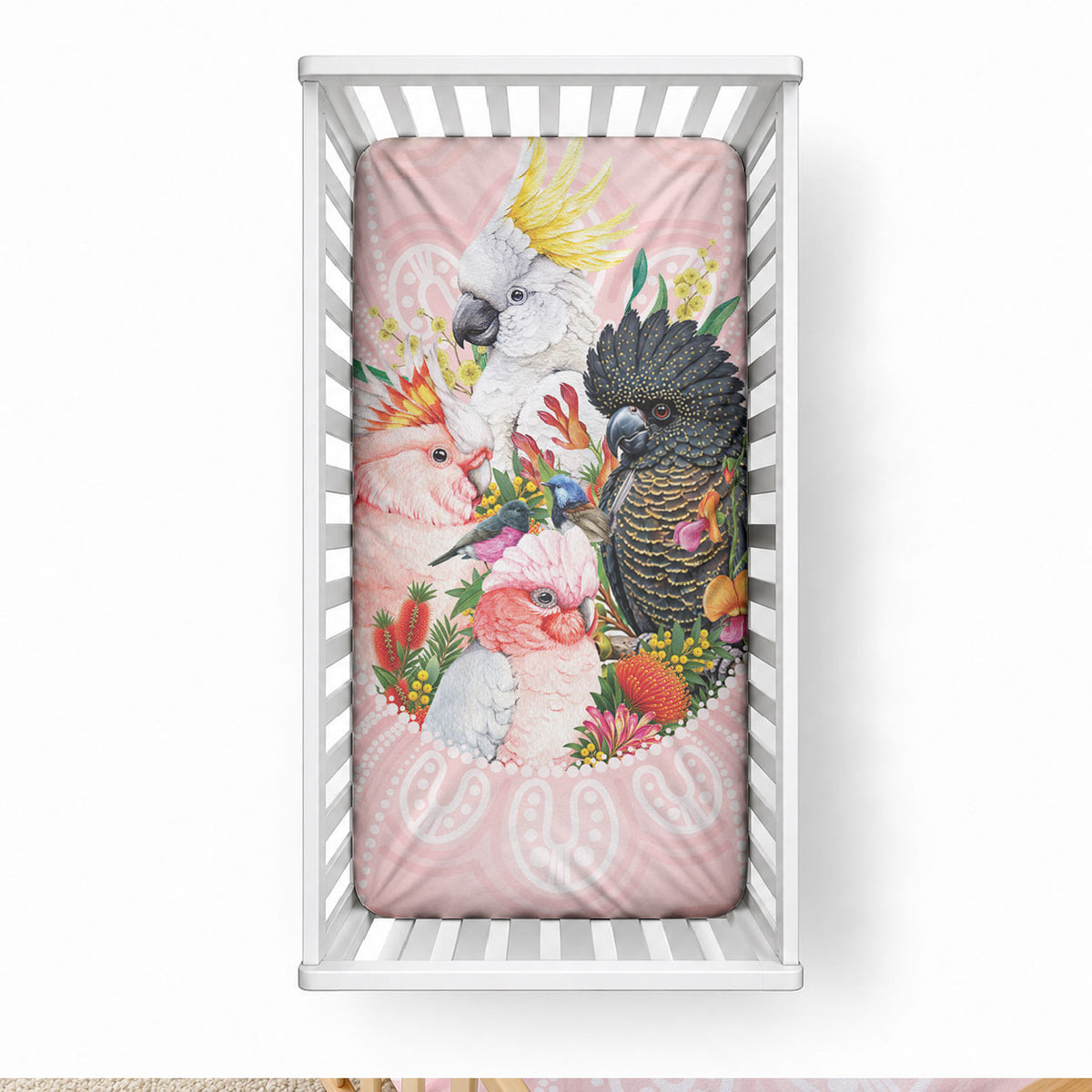 Australian Cockatoos Baby Bed Cover Flora Aboriginal Dot Art Pattern