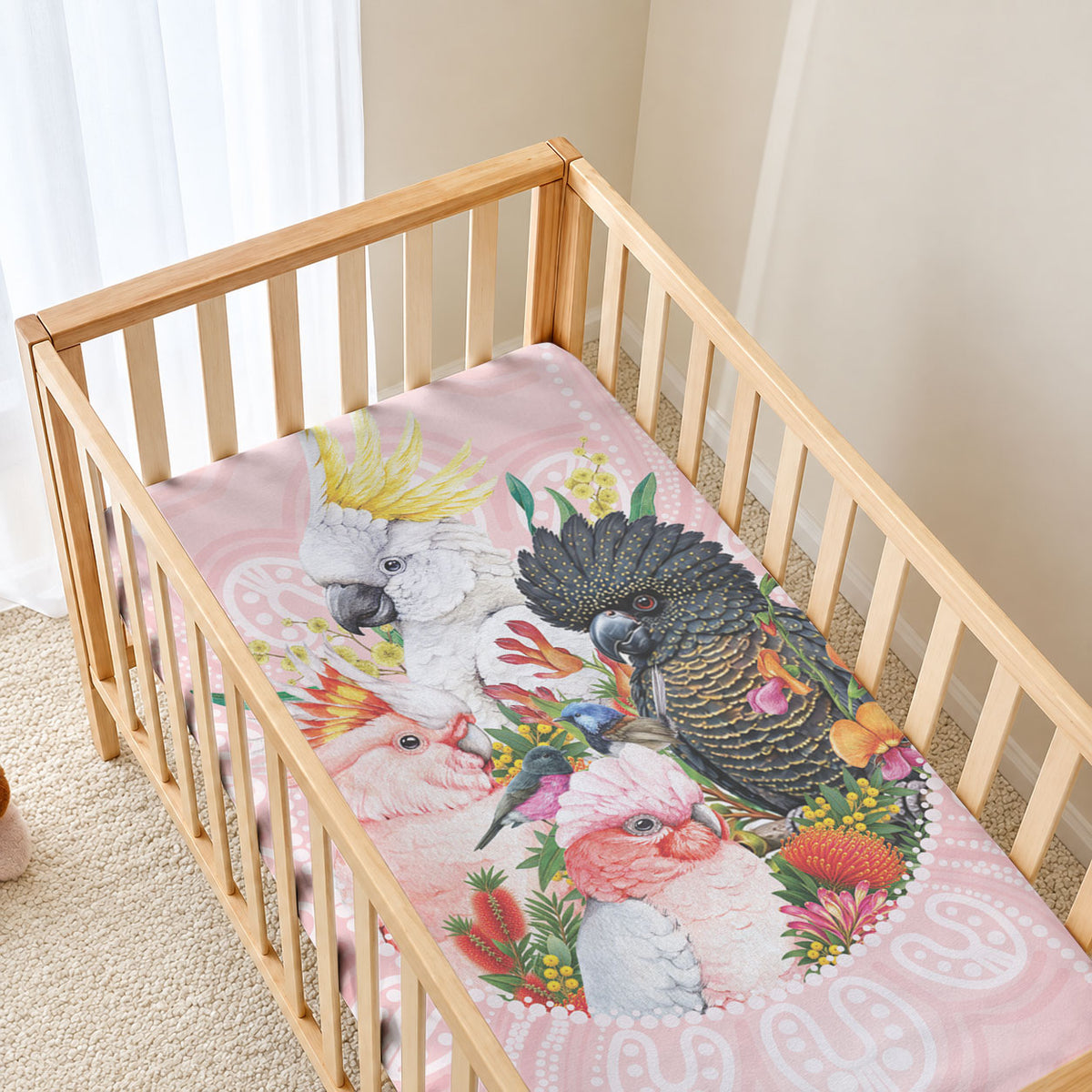 Australian Cockatoos Baby Bed Cover Flora Aboriginal Dot Art Pattern