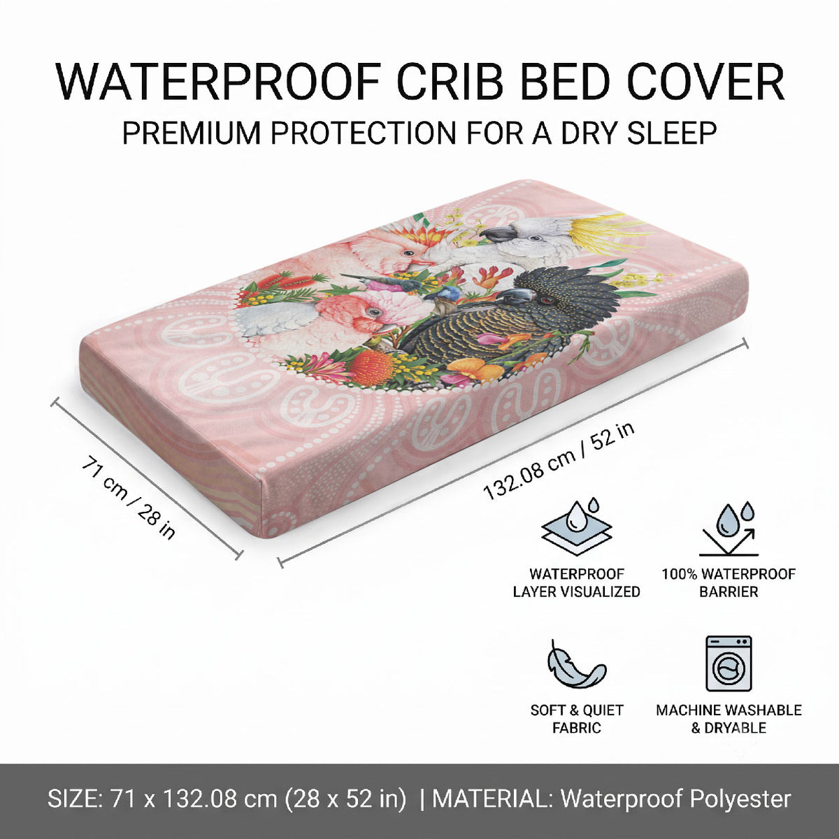 Australian Cockatoos Baby Bed Cover Flora Aboriginal Dot Art Pattern