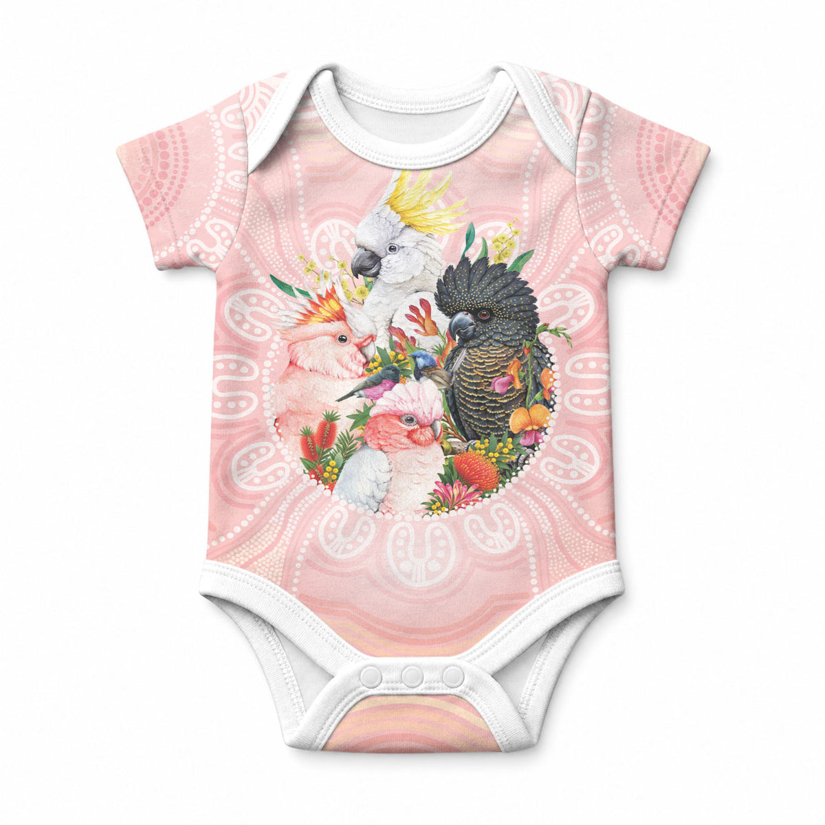 Australian Cockatoos Baby Onesie Flora Aboriginal Dot Art Pattern