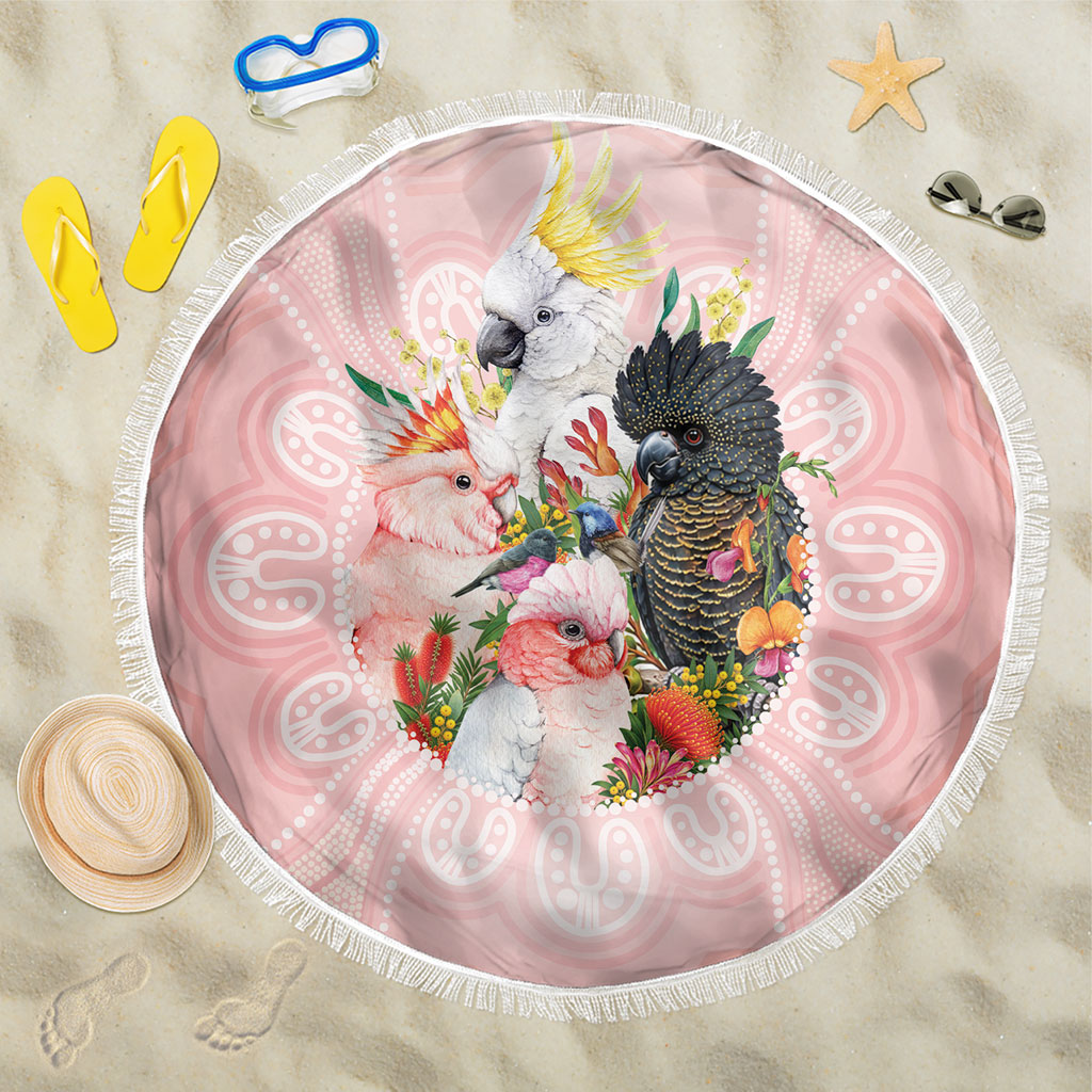 Australian Cockatoos Beach Blanket Flora Aboriginal Dot Art Pattern