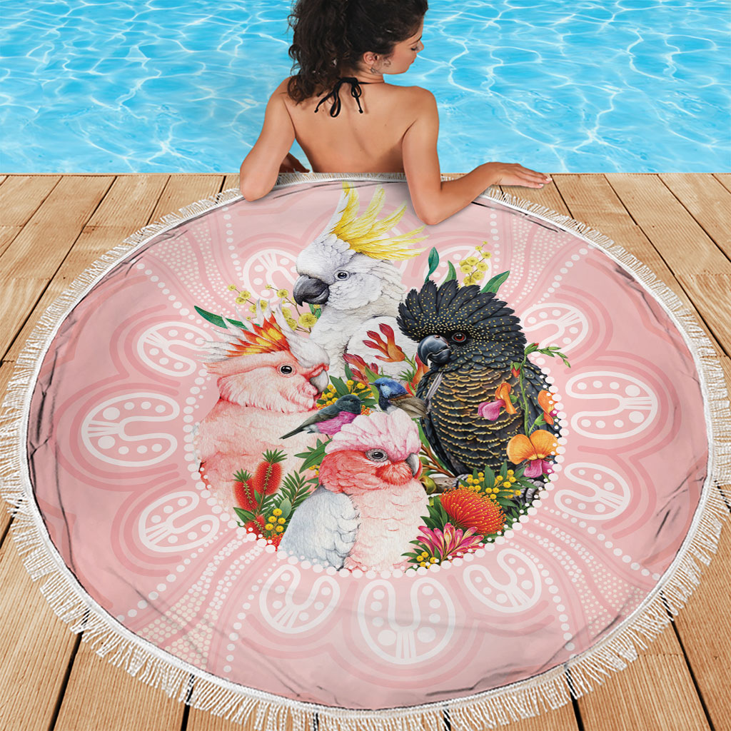 Australian Cockatoos Beach Blanket Flora Aboriginal Dot Art Pattern