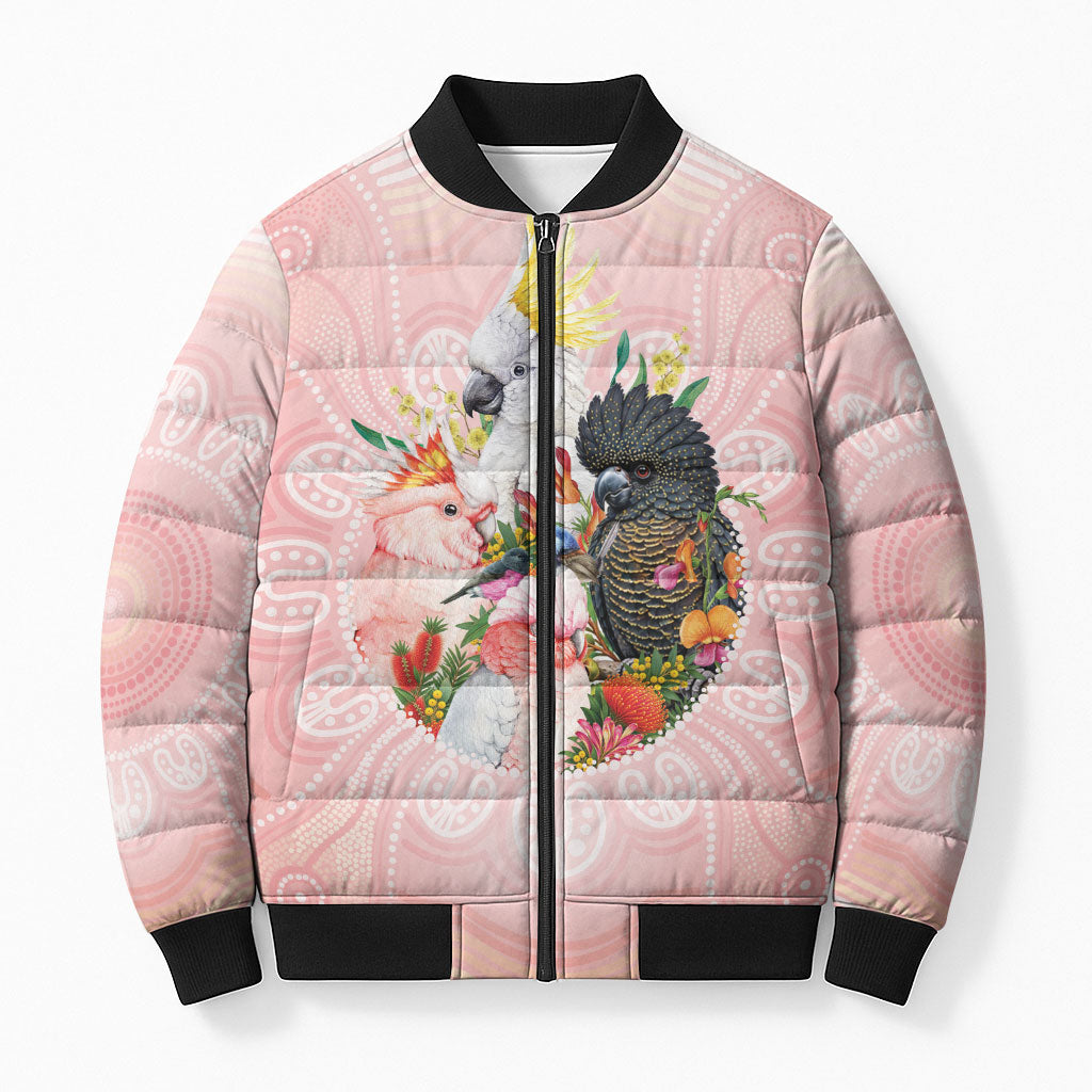Australian Cockatoos Bomber Puffer Jacket Flora Aboriginal Dot Art Pattern