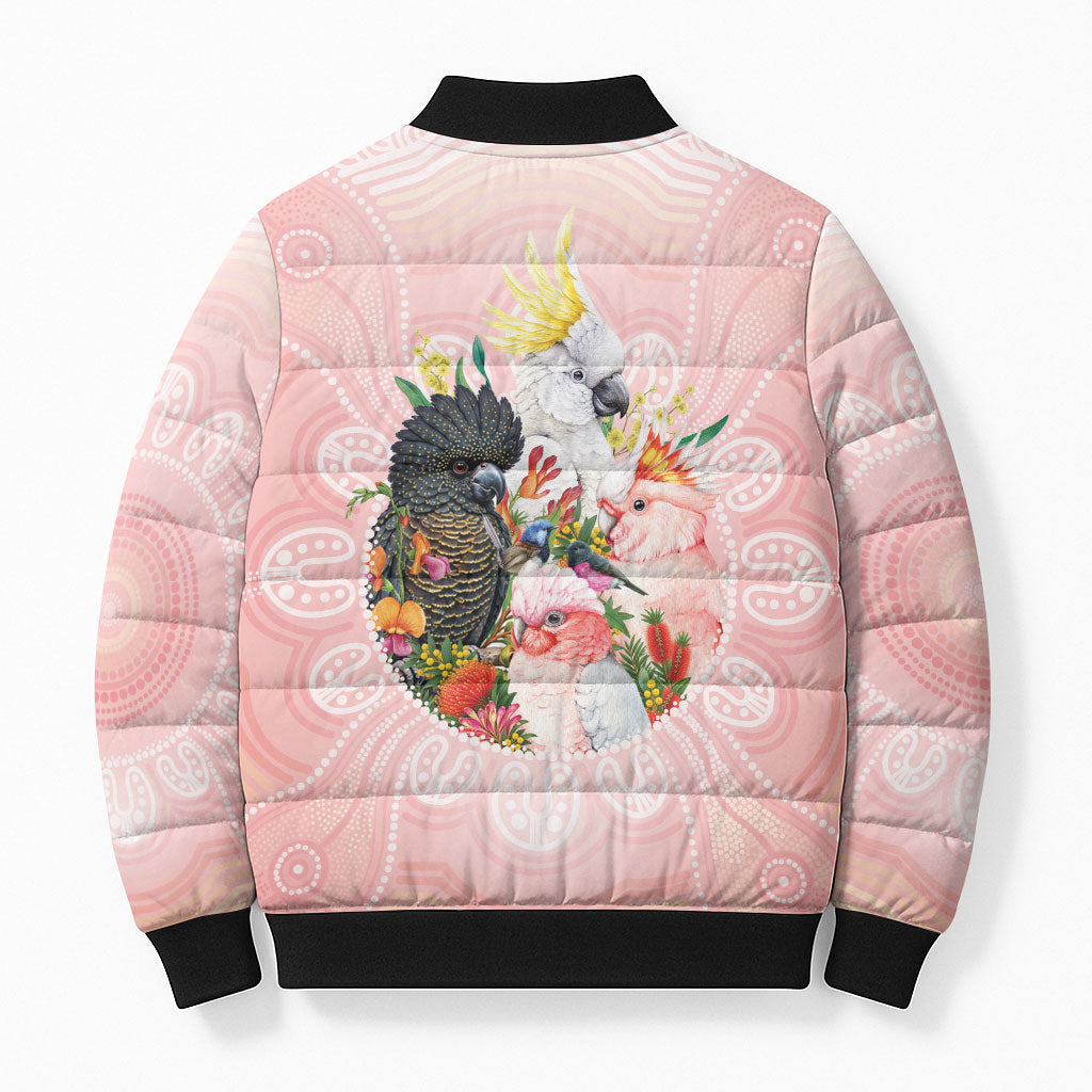 Australian Cockatoos Bomber Puffer Jacket Flora Aboriginal Dot Art Pattern