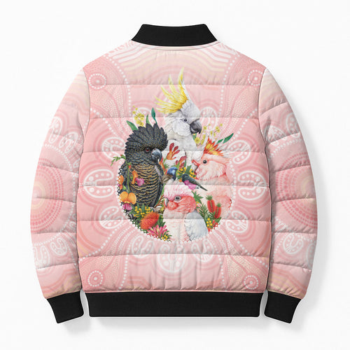 Australian Cockatoos Bomber Puffer Jacket Flora Aboriginal Dot Art Pattern